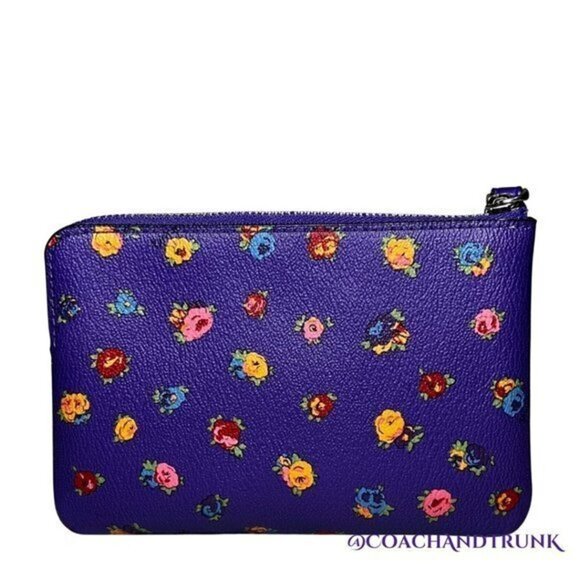 AUTHENTIC COACH Corner Zip Wristlet With Mini Vintage Rose Print Sport Purple - Picture 9 of 11